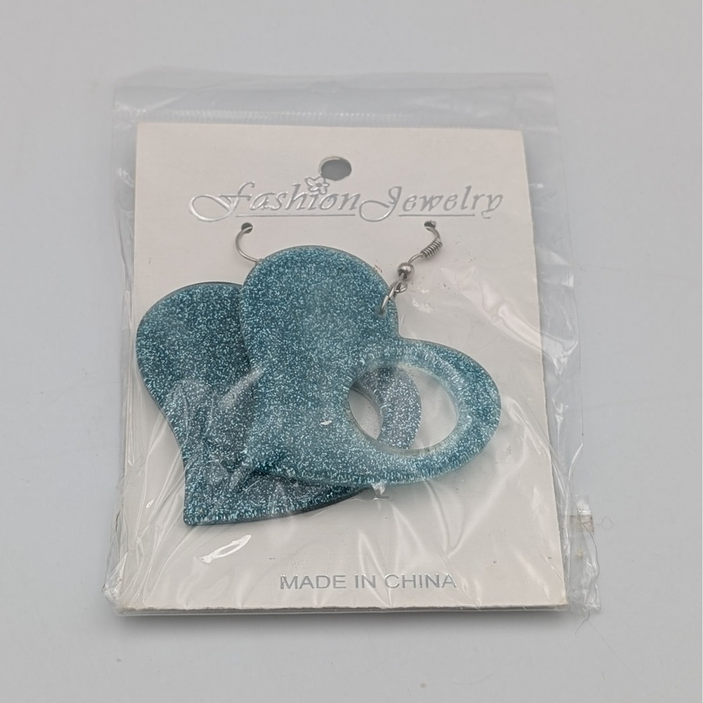 Vintage Blue Glitter Resin Plastic Dangle Heart Shape Costume Earrings Sparkle